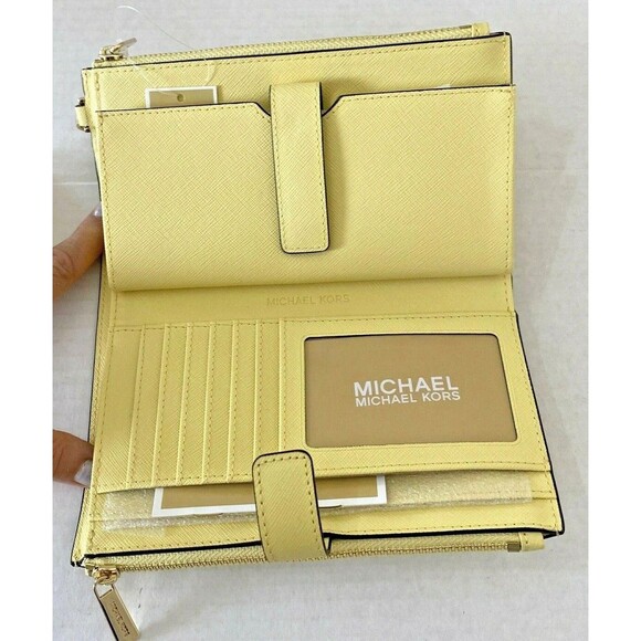 New Michael Kors Jet Set Travel Double zip wristlet Saffiano Leather Sunshine - Picture 5 of 6